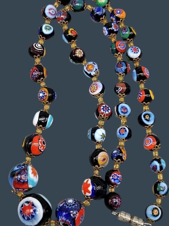 None Jewelry - Antique Venetian Millefiori Murano Glass Bead Necklace 23" Graduated Black 16mm